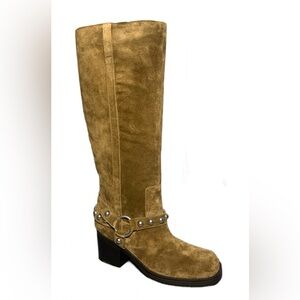 Marc Fisher LTD Ofida Knee High Harness Moto Style Suede Boots Dark Natural